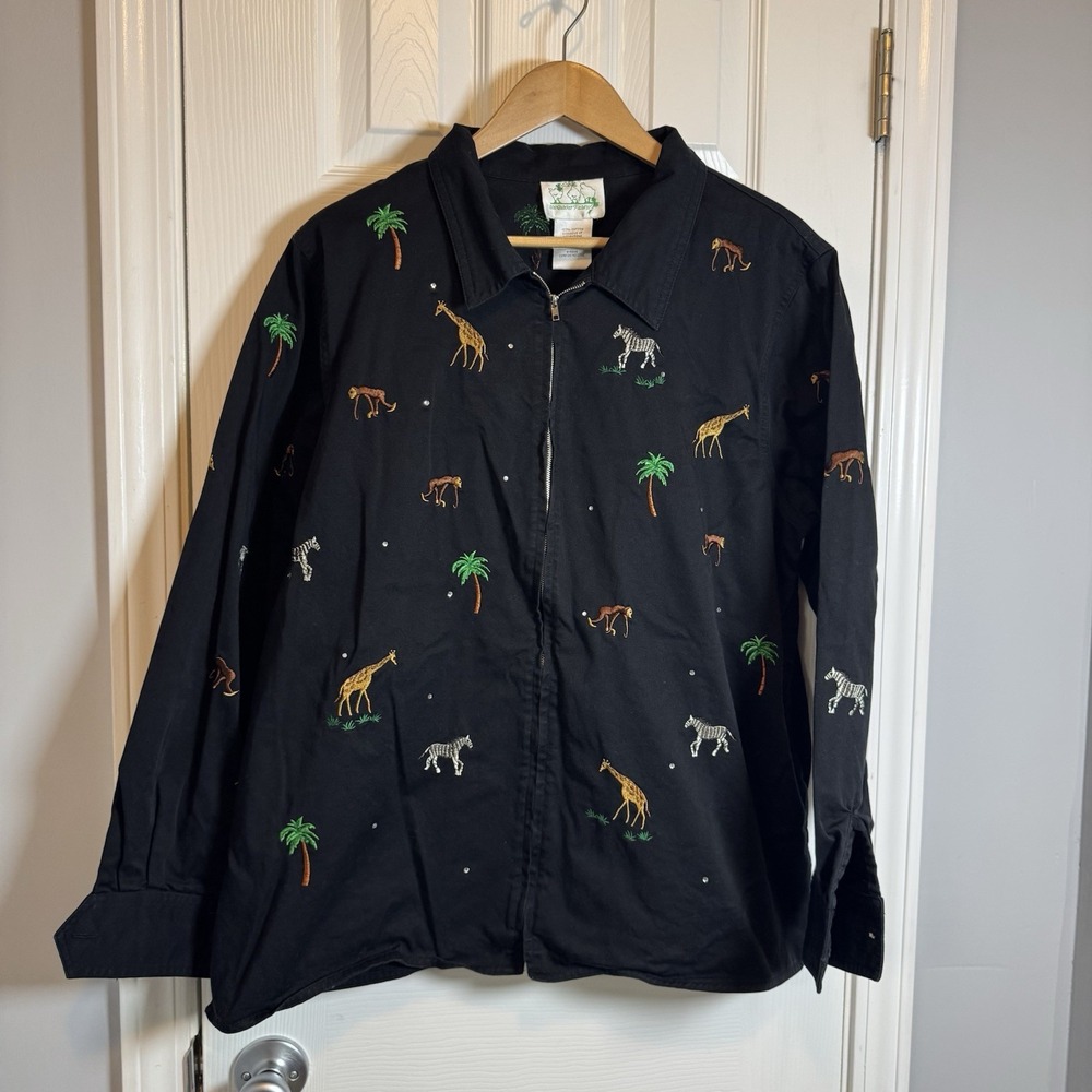 Quacker Factory Jacket XL Black Embroidery Jungle Animal Print Zoo Palm Full Zip